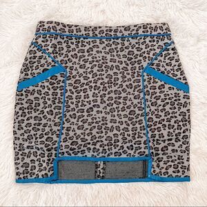 English Rose Gray Leopard Print with Blue Faux Leather Trim Mini Skirt SZ S